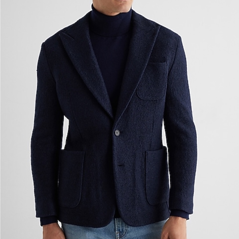 Express Slim Navy Textured Boucle Wool-Blend Blazer